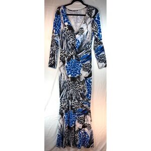 Venus Blue Mixed Animal Print Long Sleeve V-Neck Ruched Maxi Dress no sz tag